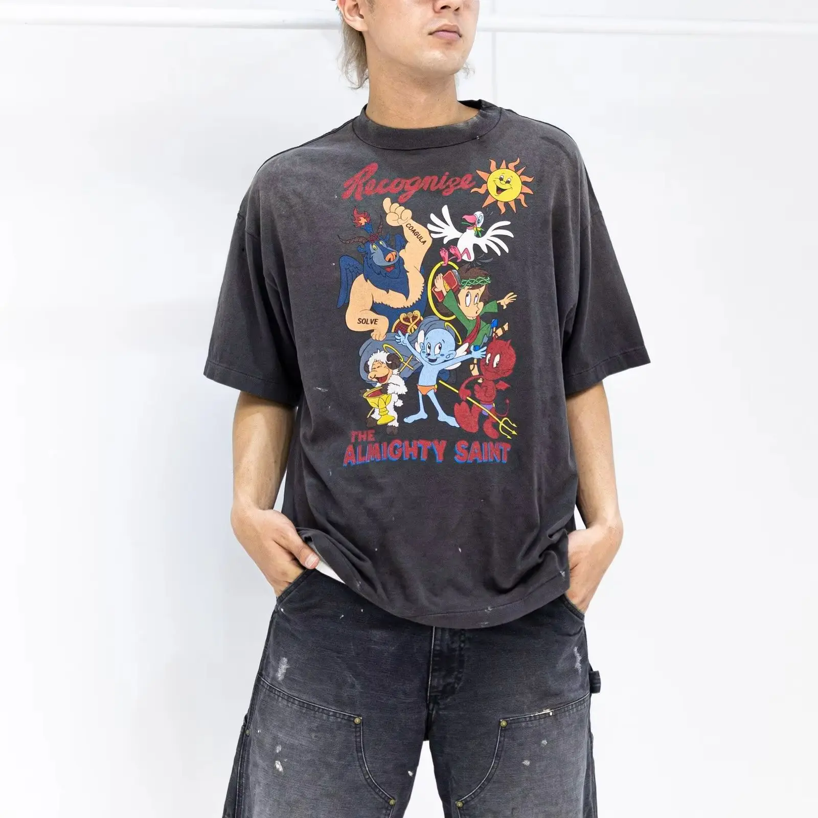 Saint Michael Cartoon Little Angel Print Washed Short-Sleeved Casual Loose T-Shirts For Men And Women