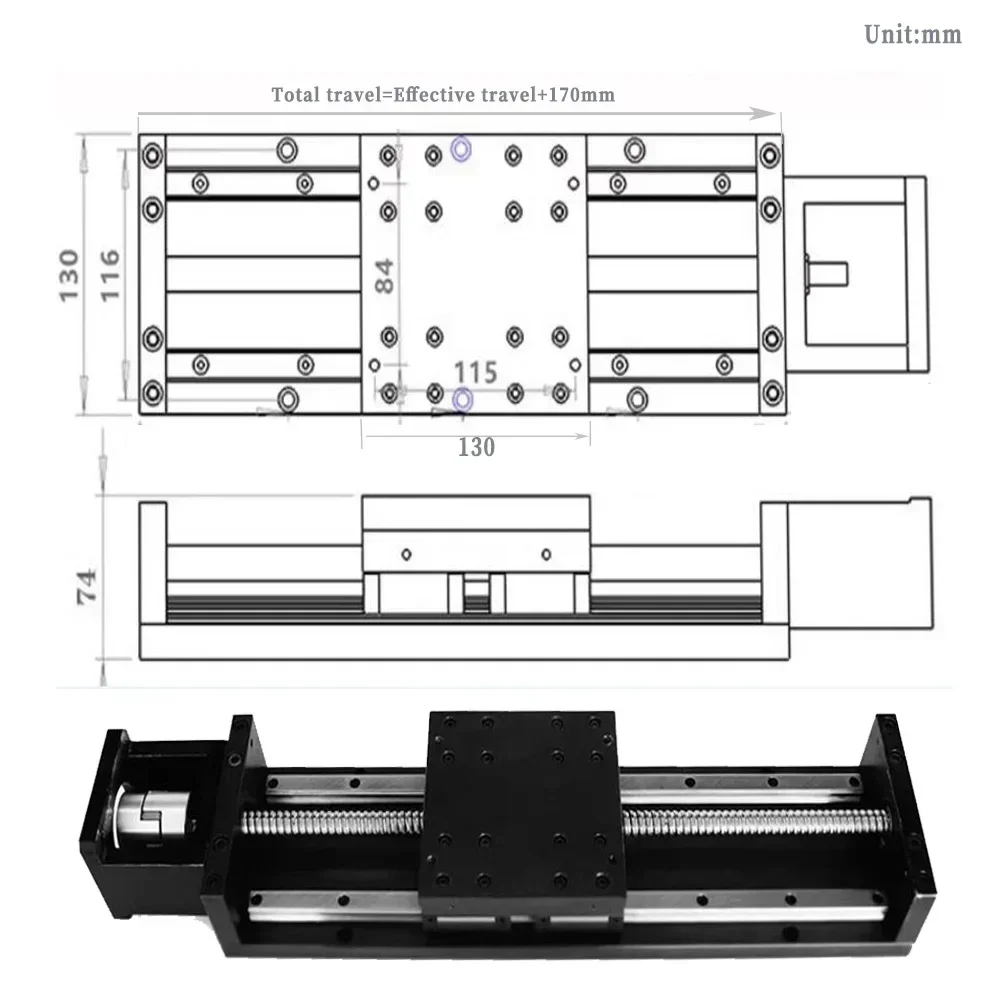 Módulo de mesa deslizante de placa de acero pesado de 130MM de ancho, tornillo de bola SFU1605/1610 carrera 100 ~ 1000mm 4 * Actuador lineal HGH15CA eje XY CNC
