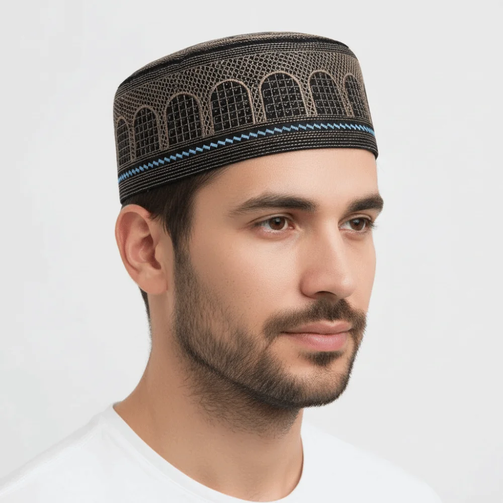Ethnic Traditional Muslim Hat Embroidery Design Polyester Prayer Hat Round Shape Saudi Arabian Style Islamic Cap Cultural Events