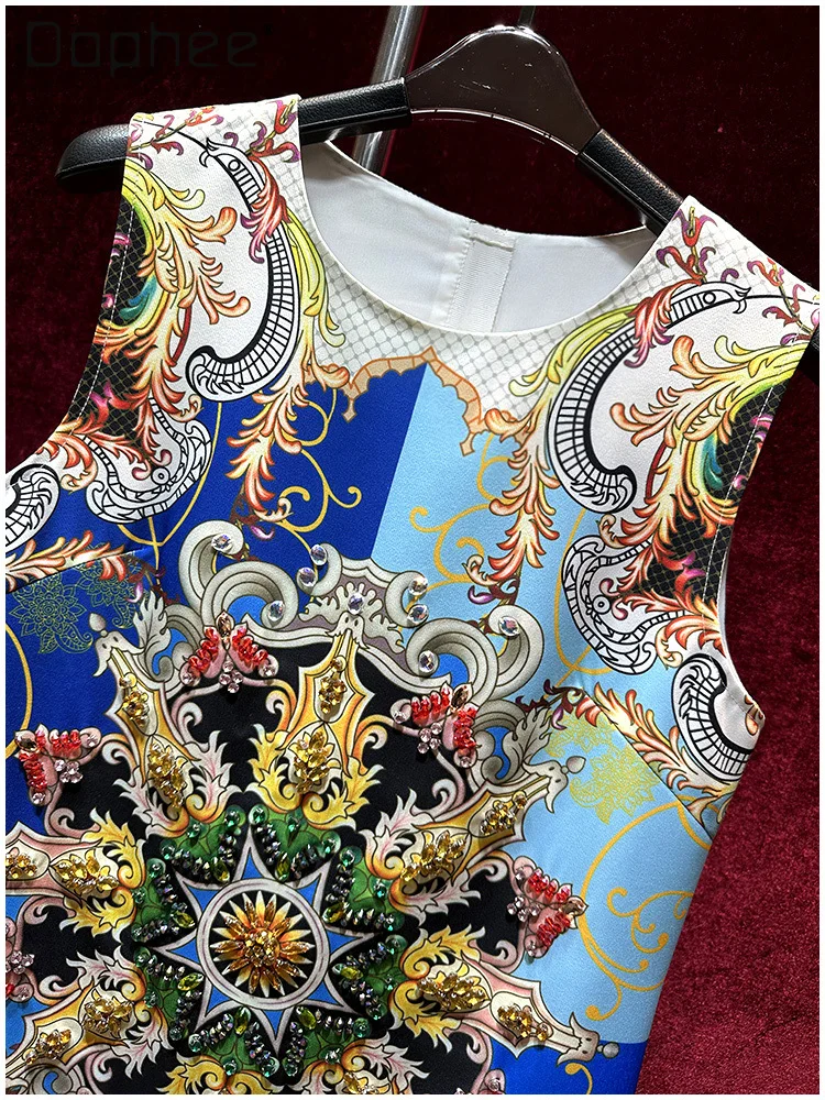 

European Retro Printing Luxury Heavy Industry Diamond Beaded Sleeveless Dress Temperament Fashion Socialite Evening Dresses