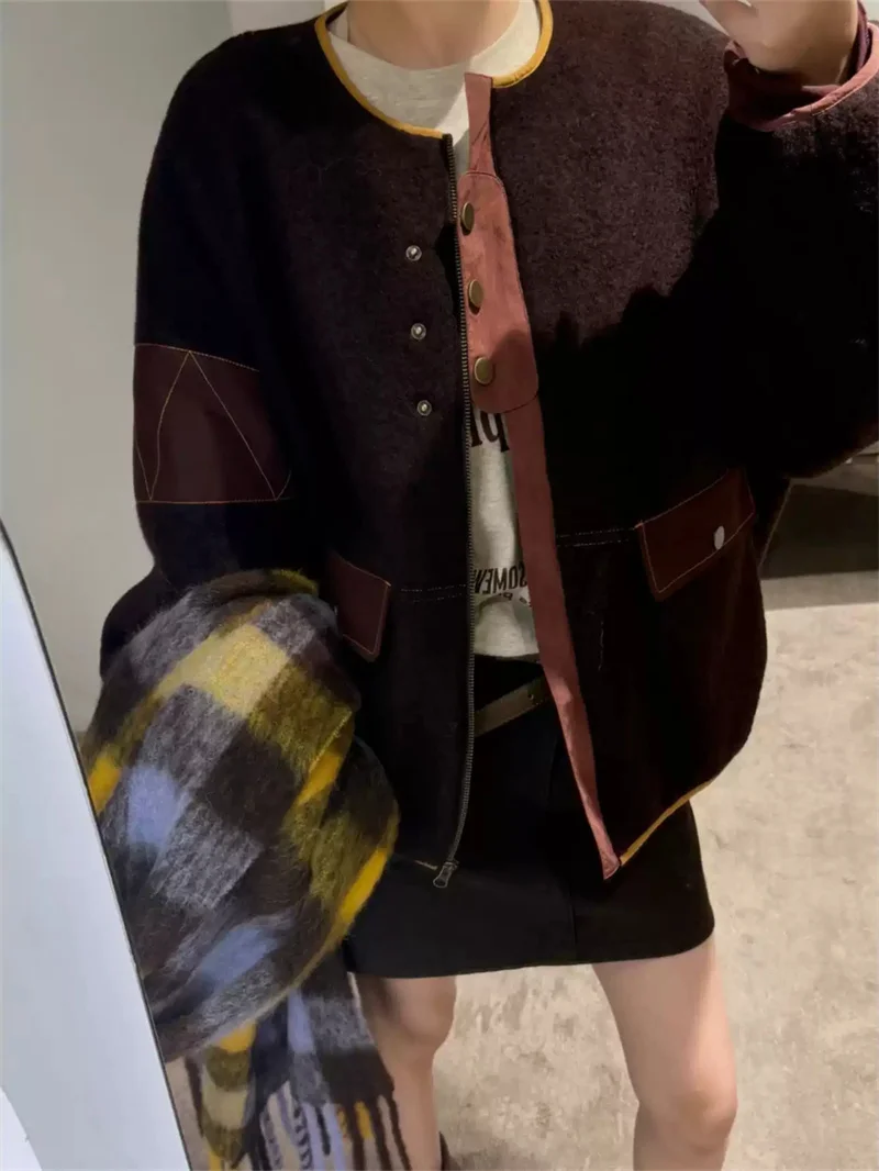 Female Single Breasted 2 Colors Woolen Color Blocked Jacket