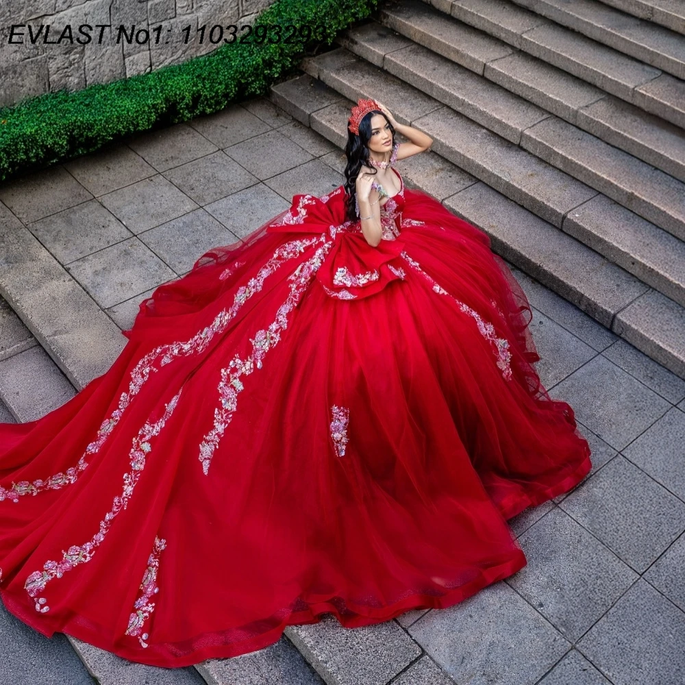 

EVLAST индивидуальное мексиканское красное платье Quinceanera, бальное платье с цветочной кружевной аппликацией и бантом из бисера, Sweet 16, Vestidos De 15 Anos E1QN477