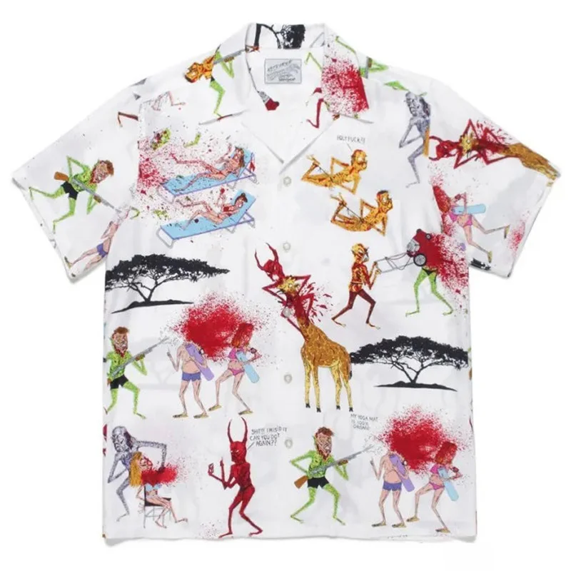 24ss Summer New WACK Hawaii Sand Shirt Ghosts Graffiti Illustration Print Men Woman 1:1 Good Quality Casual Tops Tee