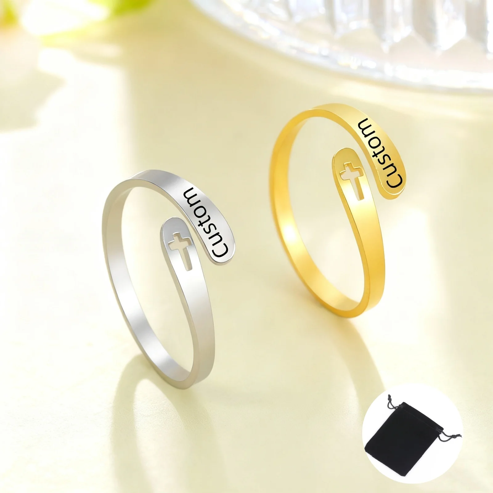 Personalized Stainless Steel Hollow Cross Open Ring