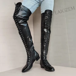 BERZIMER Women Over Knee Boots Shiny+ Matt Round Toe Low Heels Tall Boots Ladies Handmade Shoes Woman Plus Size 39 41 44 50 52