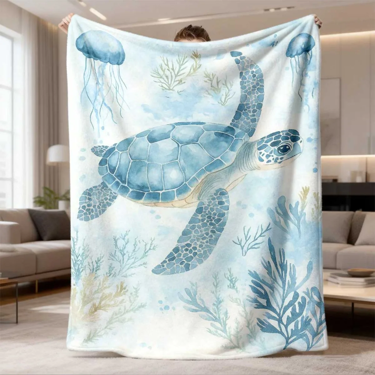 Watercolor Blue Sea Turtle Jellyfish Seaweed White Background Print Flannel Blanket Soft Throw For Sofa Bedroom Daily Home Warm