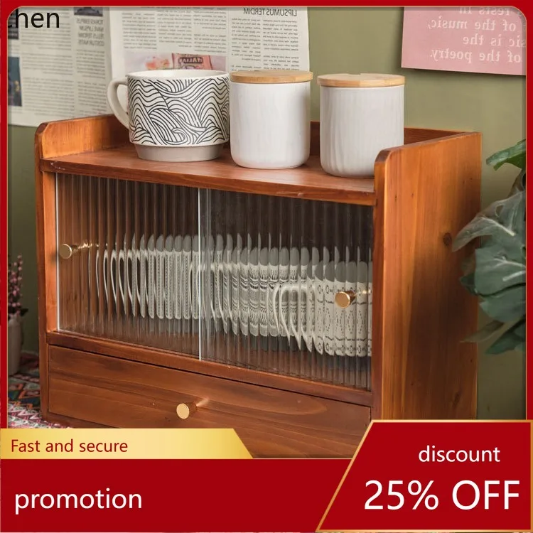 

ZML Cosmetic Storage Box Desktop Solid Wood Vintage Storage Cabinet Mug Storage Rack Dustproof