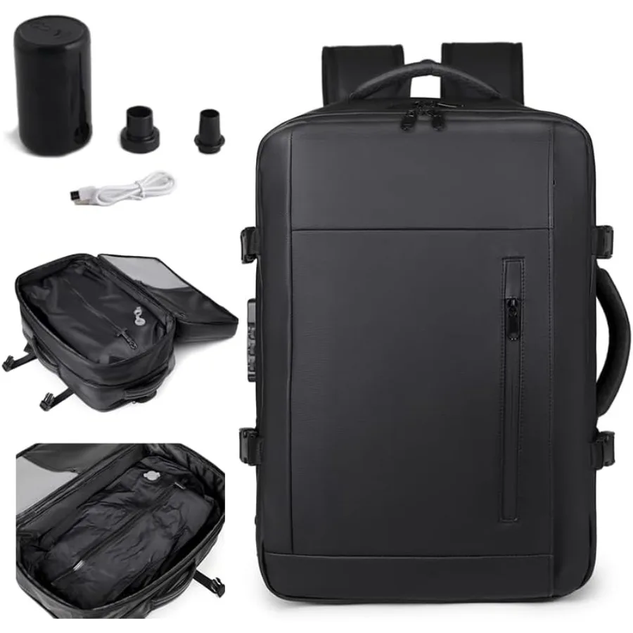 حقيبة ظهر للكمبيوتر للسفر محكمة الغلق ومقاومة للماء مع مضخة تفريغ ومقصورات متعددة وقفل مجمع مضاد للسرقة باللون الأسود #1