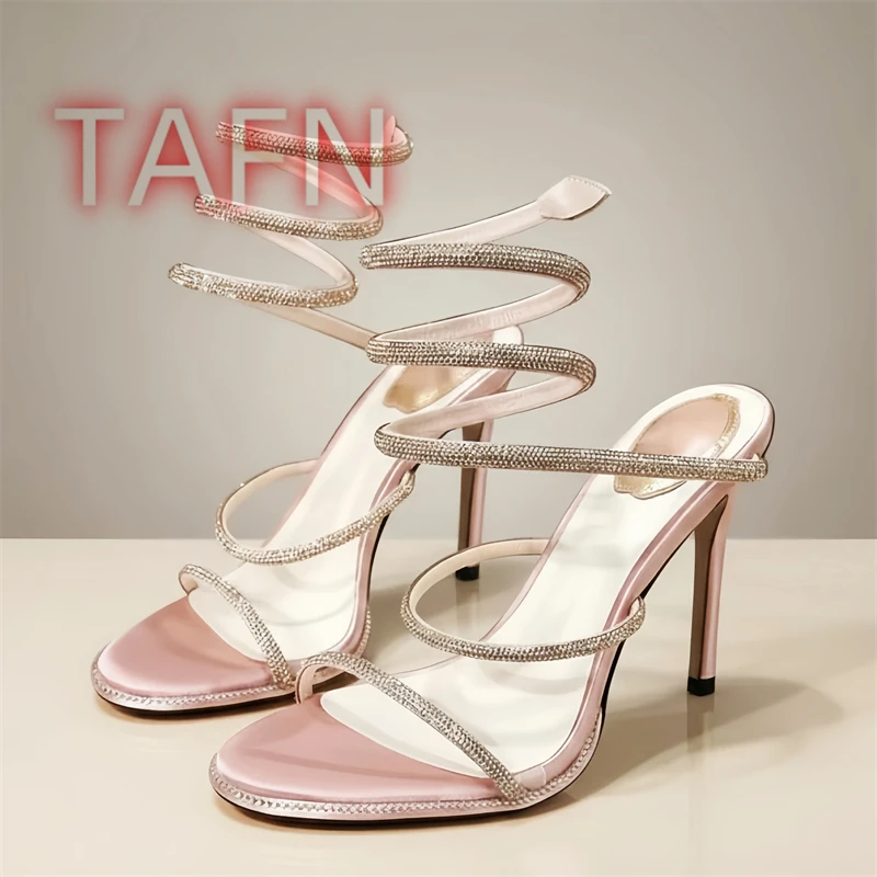 Rhinestone Embellished Snake Sandals Women Open Toe Crystal Twisted Straps Sandals, Elegant Thin Heel Formal Dress Sandals