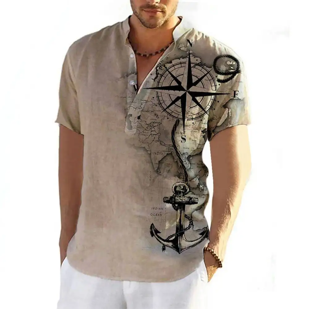 Men's Summer Henley Shirt Short Sleeve 3D Compass Graphic CleanFit  Neck PU Leather Thickened Fleece Inner  for All...