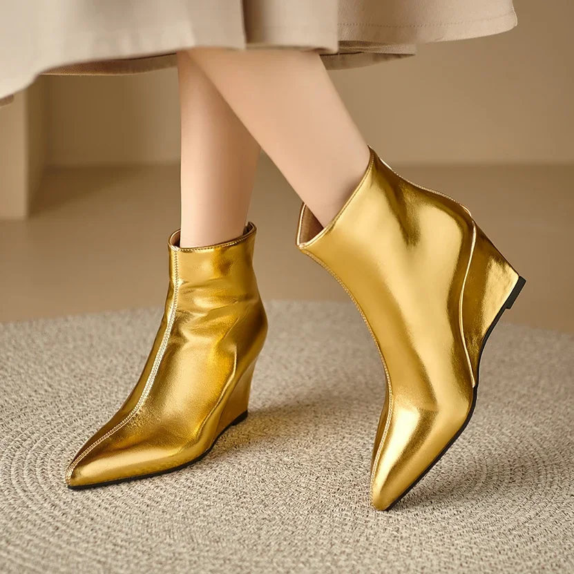 Winter Women Pointed Toe Booties Gold Silver Ankle Boots Footwear Platform High Heels Zip Wedges Shoes Woman Bota Feminina Botte