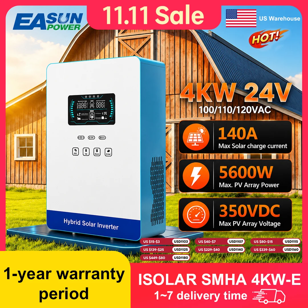EASUN POWER 4000W Hybrid Inverter 4KW 110V Inversores 24V 140A MPPT Solar Charger Inverter Pure Sine Wave Inverter 6.25 Inch LCD