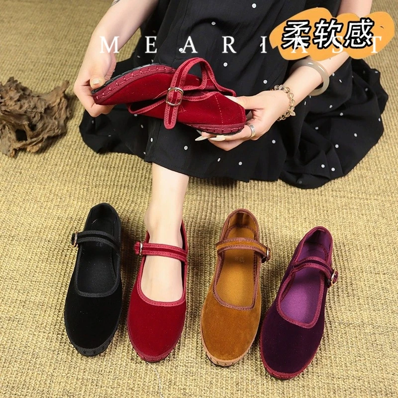 Red Mary Jeans Flats Shoes Women Round Toe Hand Stitch Velvet Cloth Shoes Ladies Casual Soft Comfortable Ballet Shoes Loafers view 6