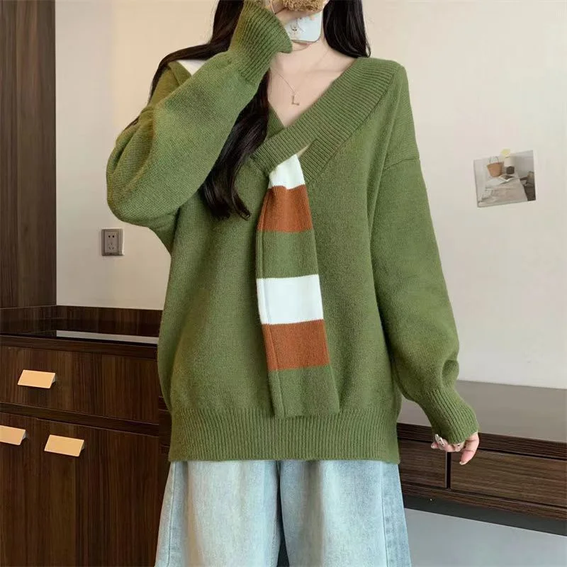 

Y2K Spring Autumn Casual Sweater 2024 New Loose V-Neck Women's Clothes Pullover Blouse Solid Color Fashion Muffler Knitwear Top