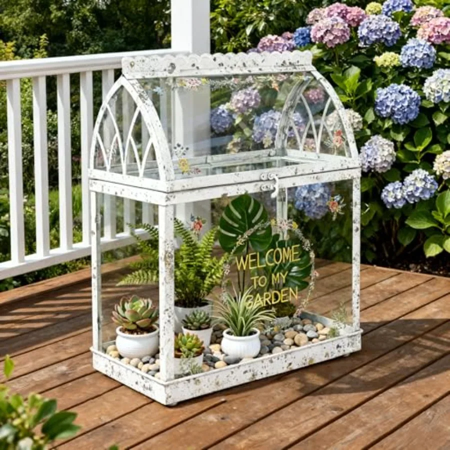 Large House Shape Glass Terrarium with Acrylic Lid, White Geometric Greenhouse-Style Planter for Ferns Succulents Air Plants, H - view 4