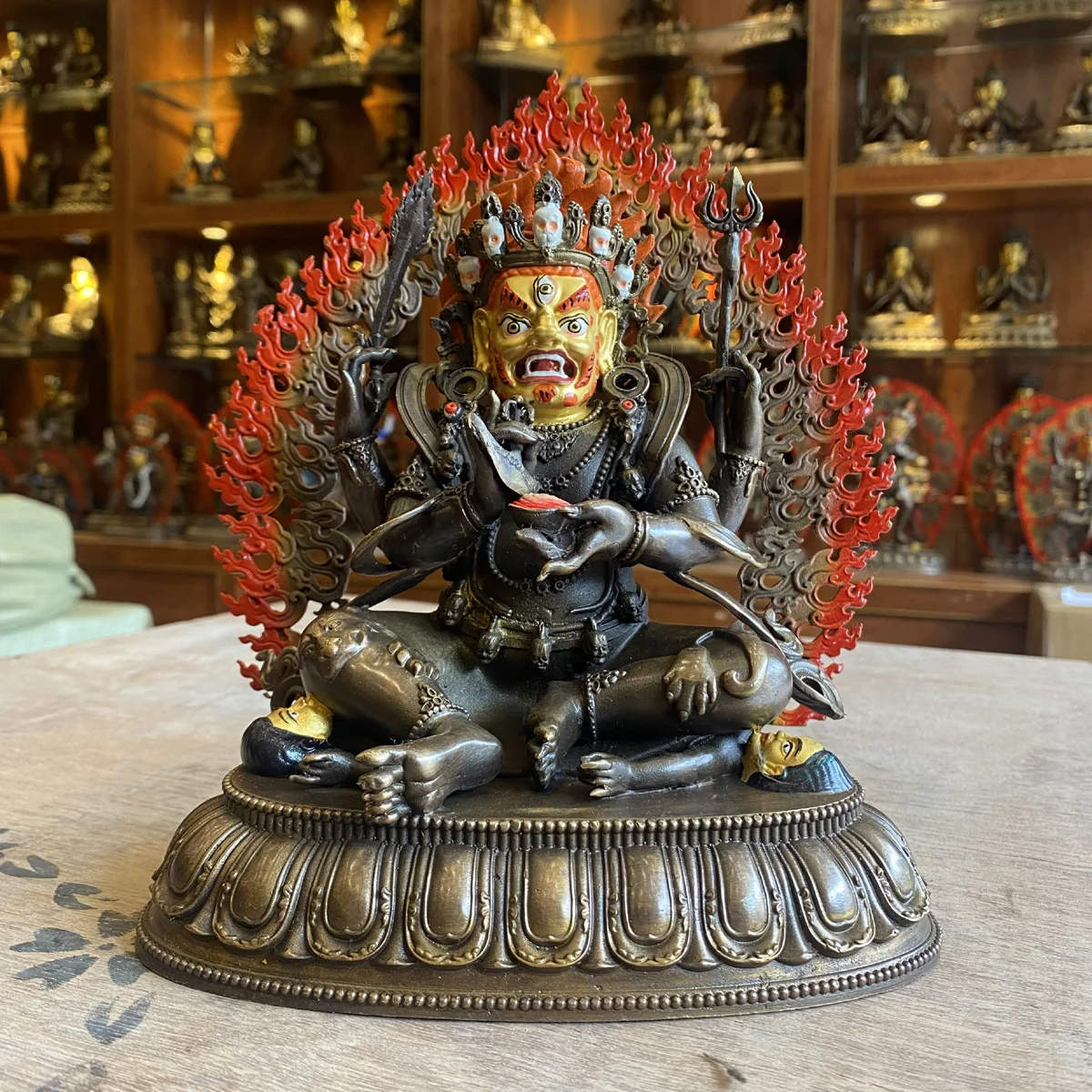 Handmde Buddha statue Rare Four-Armed Maha kala copper carving buddha Mighty Power Maha-ga-la Buddhist lama monk worship altar