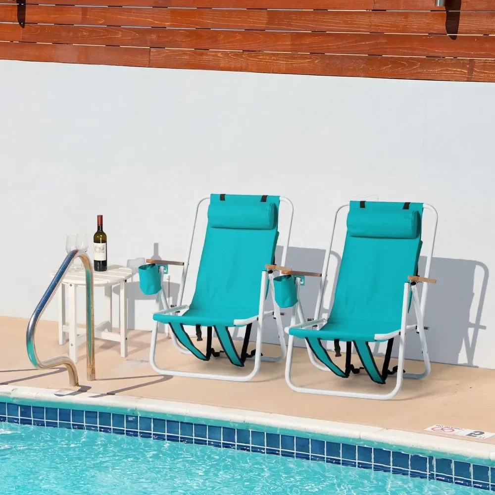 

Beach Chair Set Of 2 For Adults, 4 Position Portable Backpack Foldable Camping Chair With Headrest Cup Holder And Wooden Armres