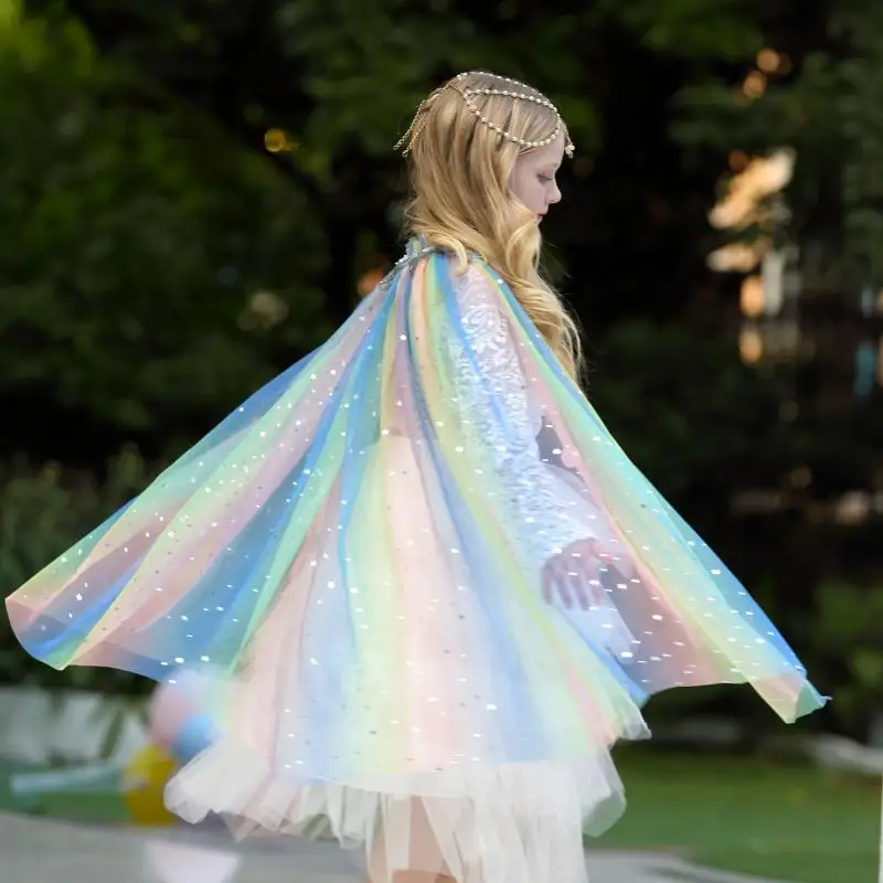 Girl's New Sequin Star Rainbow Color Blocked Halloween Christmas Fashion Princess Shawl with Long Mesh Cape On Top