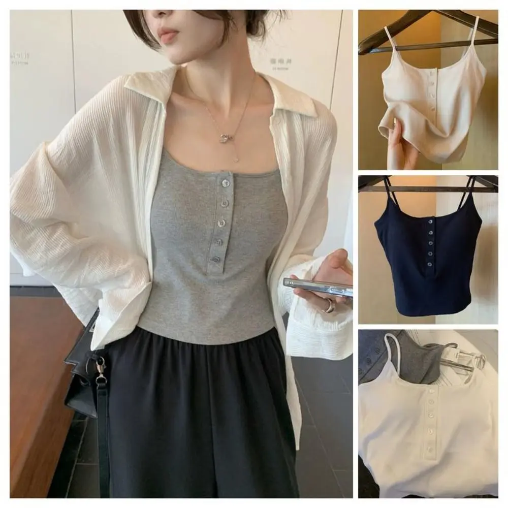 Women Knitted Camisole Fashion INS Hip Hop Female Slim Short Tank Niche Button Summer Tube Top with Chest Cushion