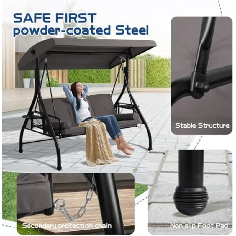 3-Seat Outdoor Porch Swing, Patio Convertible Swings Bed with Stand | Glider with Adjustable Canopy, Cushion, Pillow &