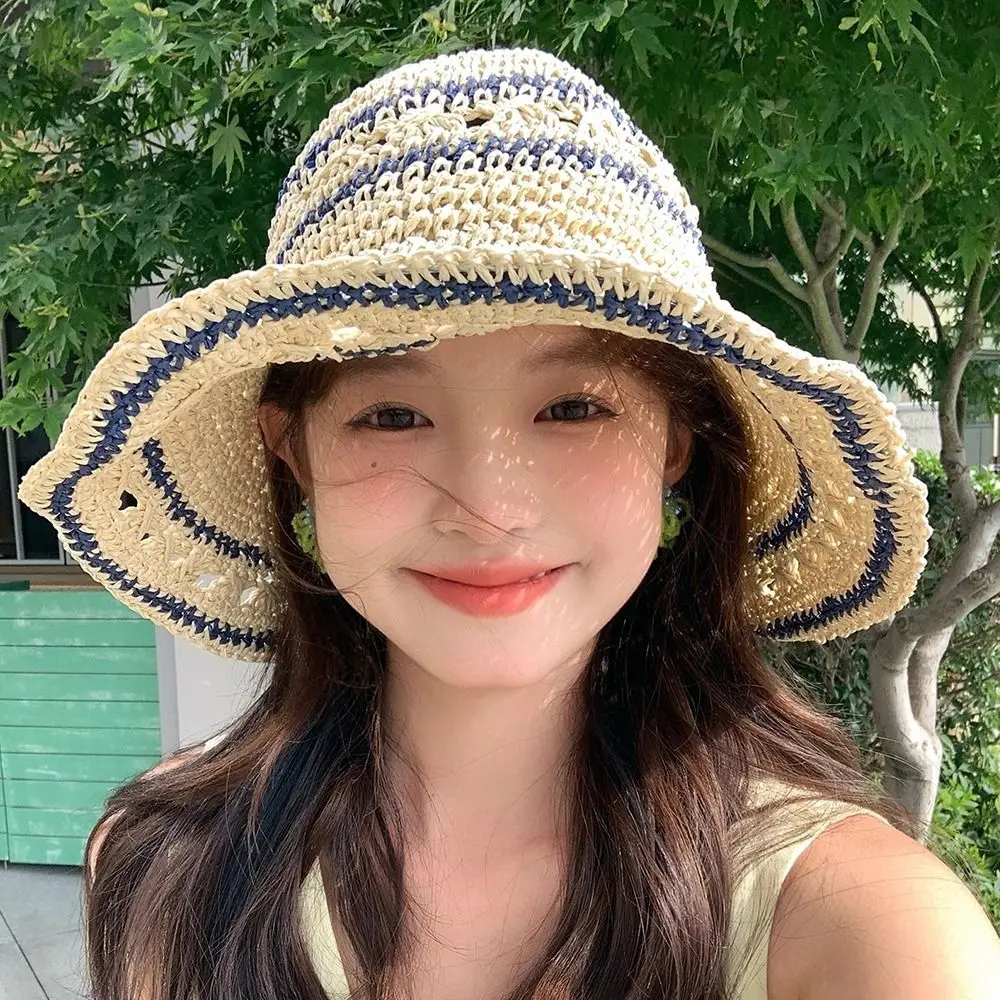 

Korean Handmade Straw Bucket Cap Summer Beach Weave Crochet Hat Vacation Hollow Fisherman Caps Girls