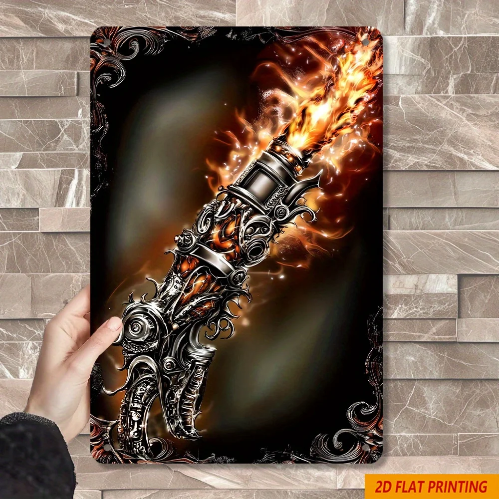 Vintage Flame Engraved Gunmetal Blaster Metal Tin Sign -  Wall Art with Ornate Design, Perfect for Home Bars, Cafes, Garages, a