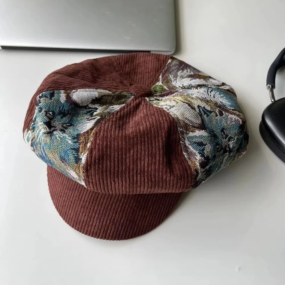 Casual Corduroy Retro Beret Puppy Patchwork Jacquard Newsboy Cap Short-Brimmed Octagonal Cap 4