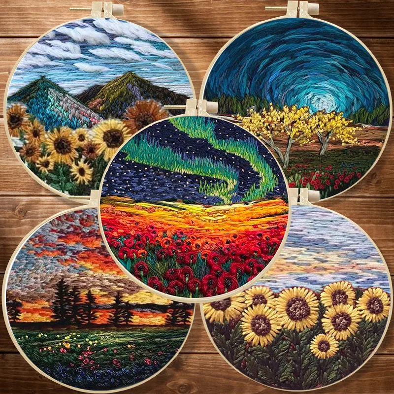 DIY Flower Embroidery Starter Kit with Landscape Pattern Cloth Color Threads Tools Without Hoop Sewing Art Craft Home Decor