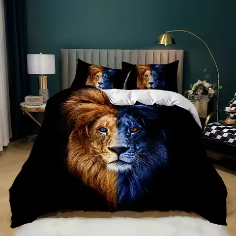 Lion Duvet Cover Set Safari Animal Bedding Set Cute Wildlife Hunting Polyester Quilt Cover For Kids Teens Double Queen King Size