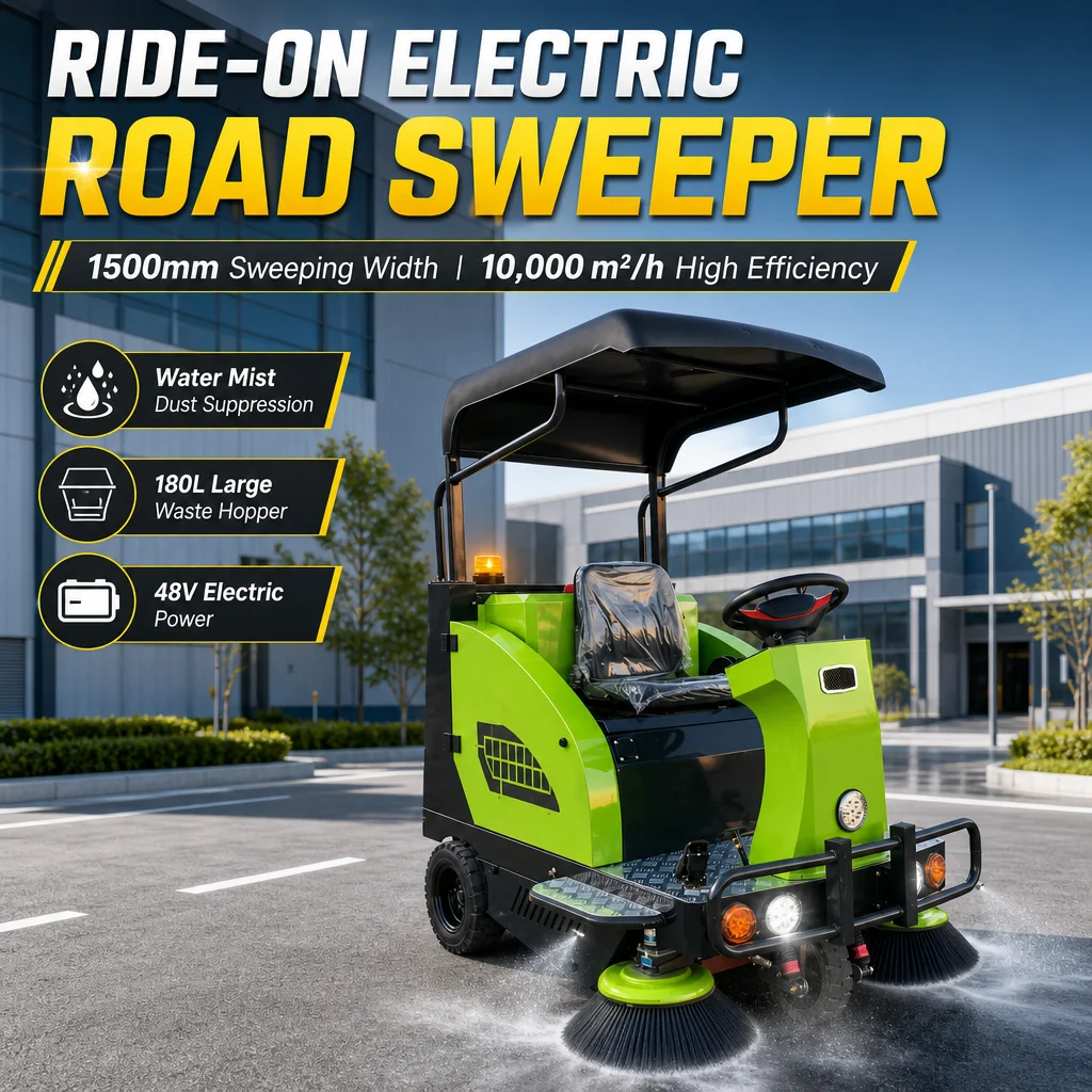 Heavy Duty Electric Ride-on Sweeper 10000m²/h 3-Brush Industrial Road Cleaning Sweeping Machine with Canopy for Workshop Factory
