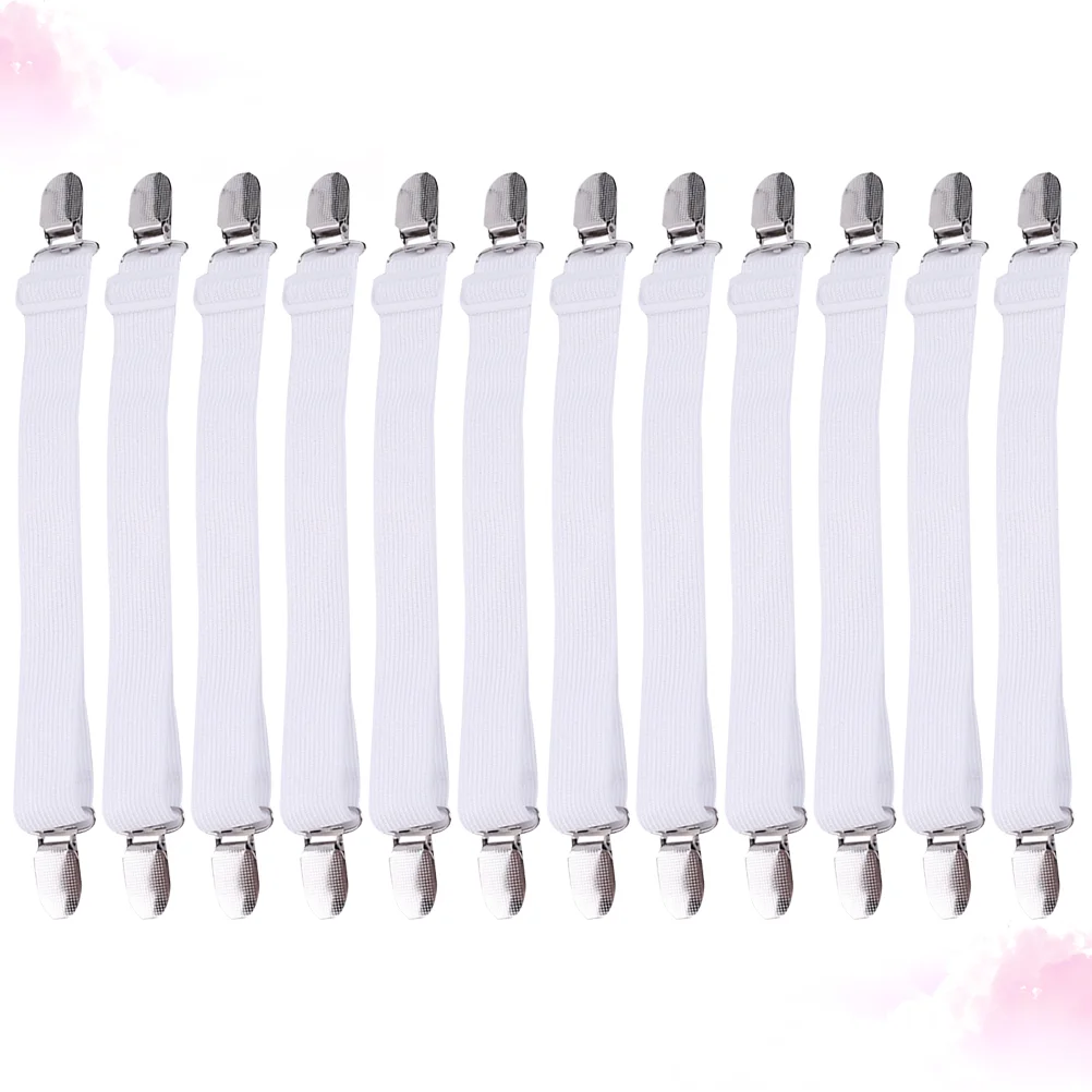 12pcs Multipurpose Bed Sheet Fasteners Adjustable Suspenders Gripper Elastic Strap with Clips for Bed Sheets Mattress Covers (Wh