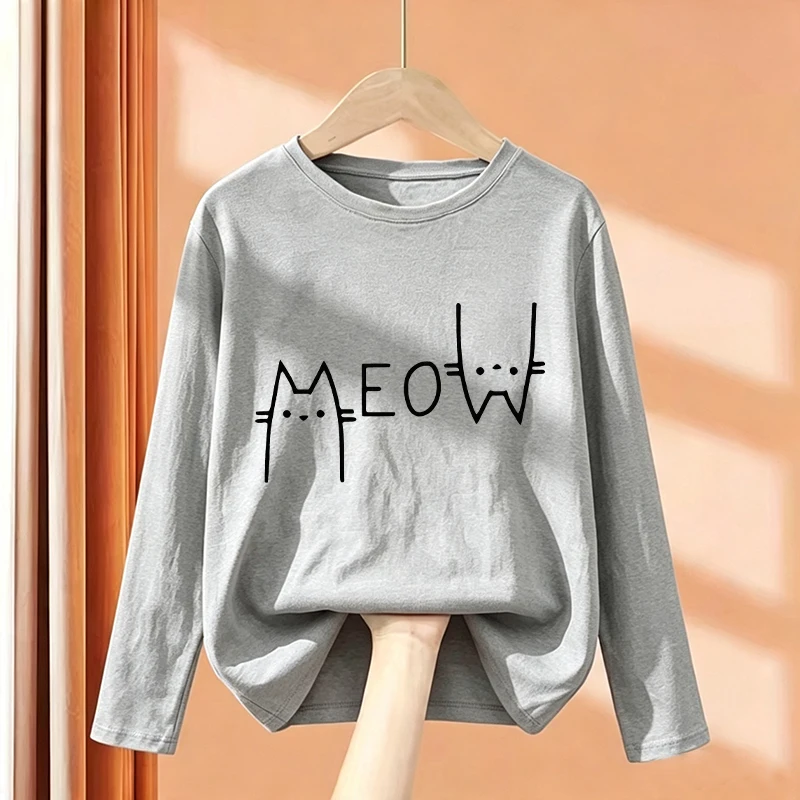 Funny Meow Cat Long Sleeve Kawaii Cat Cartoon T Shirts Kids Children's T-shirt Graphic Boys Girls Autumn Casual Top Tee Shirt