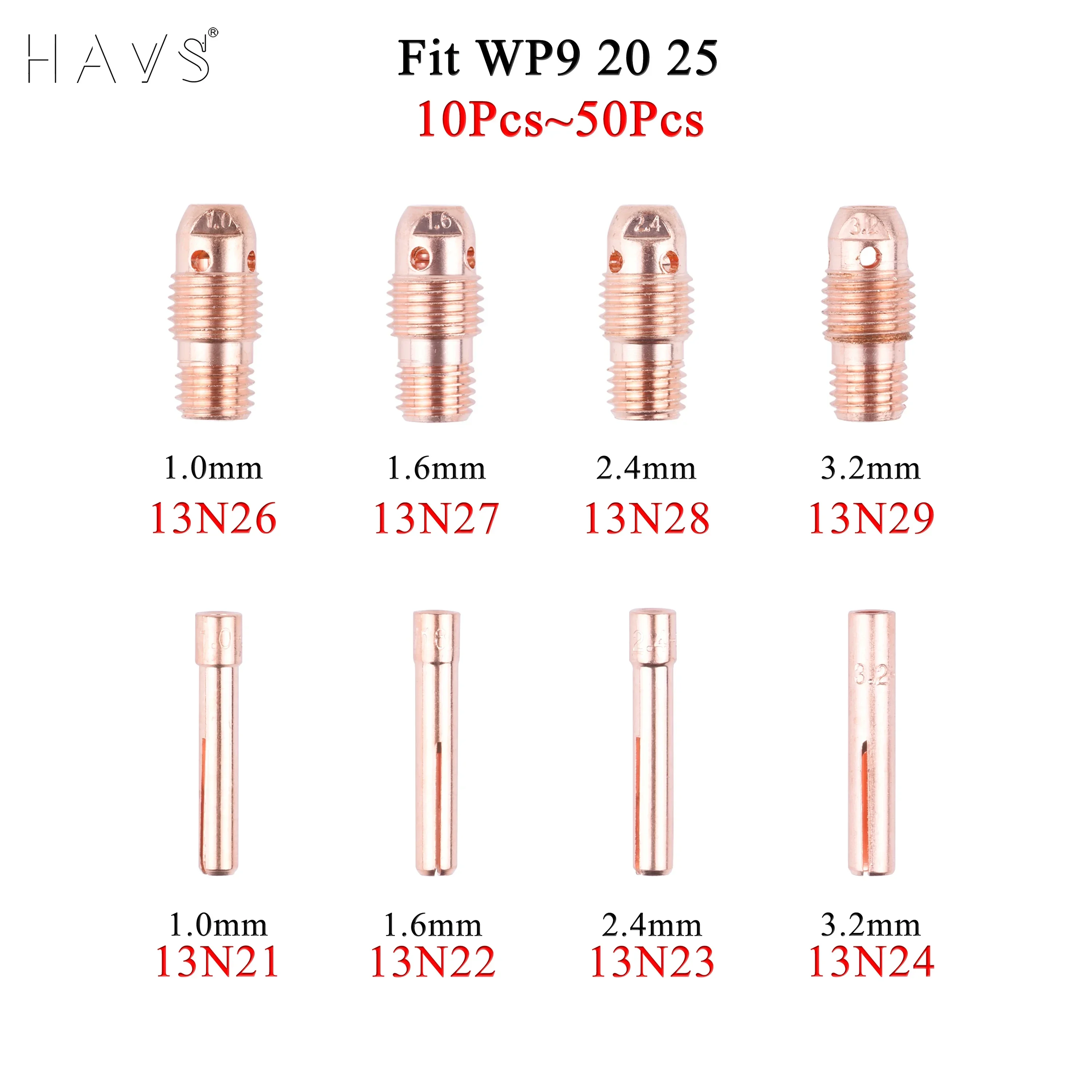 10 to 20Pcs 1.0/1.6/2.4/3.2mm TIG Collet And Collet Body 13N21 13N22 13N23 13N24 13N26 13N27 13N28 13N29 For TIG WP9 20 25 Torch