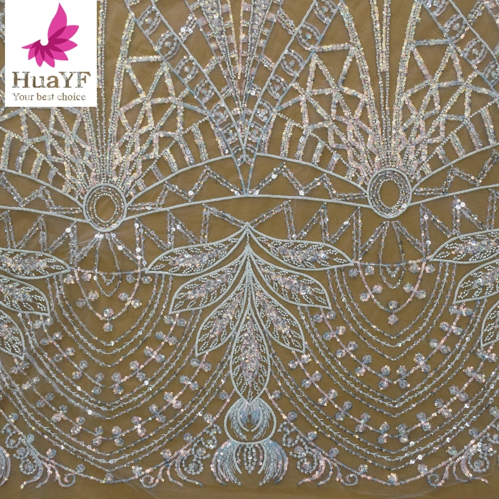 

Best Selling White Sequins Lace Fabric Wedding Bridal Dress Wholesale For 5 Yards HY1848-2