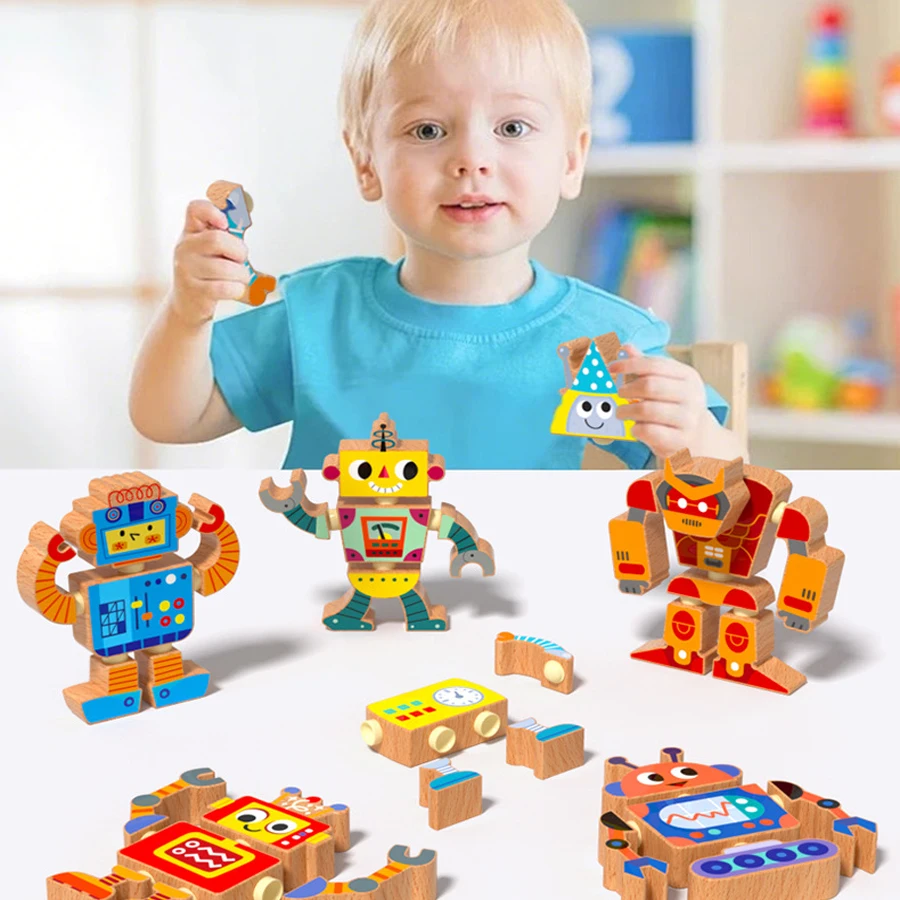 Creative wooden assembly robot STEM toy game disassembly assembly exercise Hand eye coordination ability Christmas DIY gifts