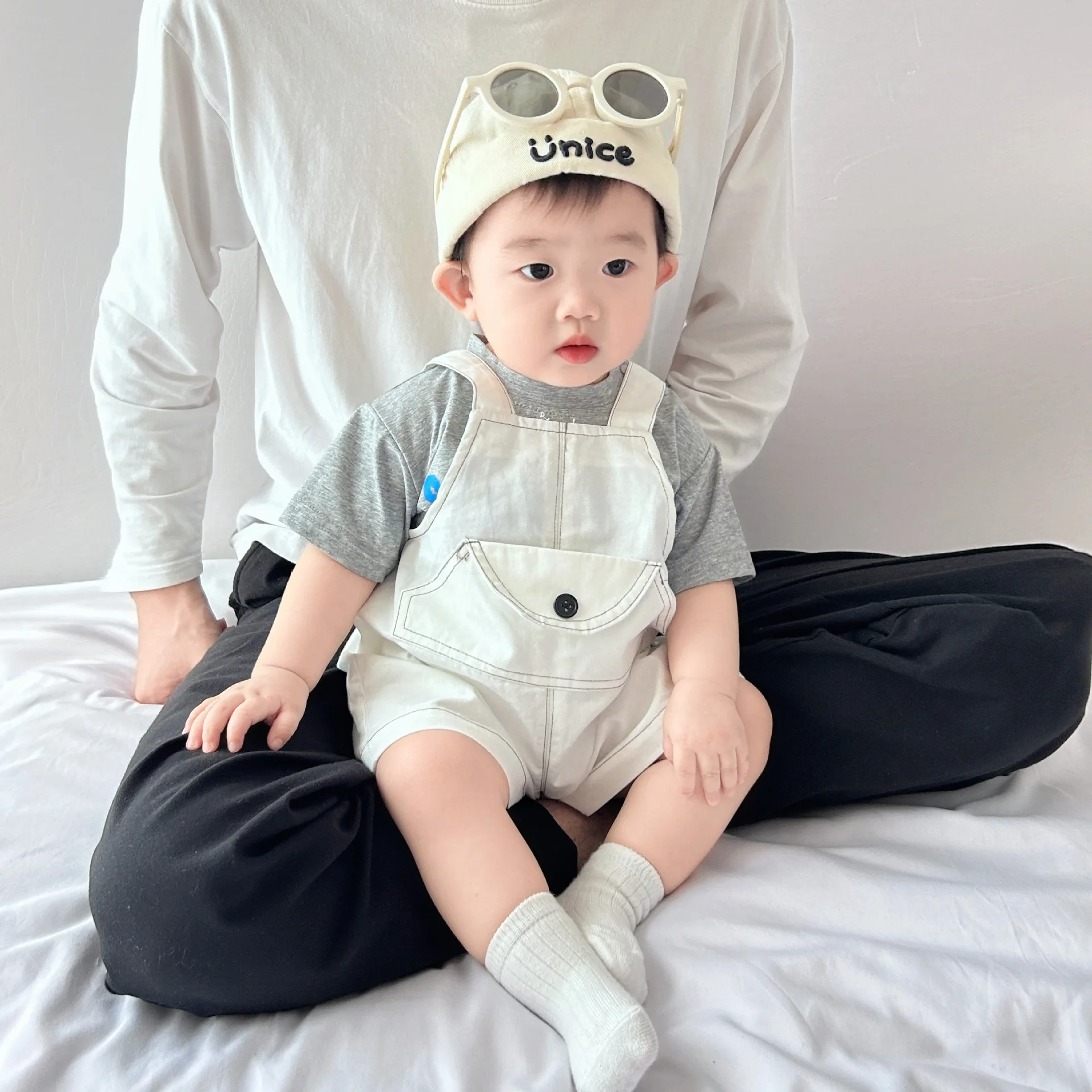 Baby Clothing Summer Soft Denim Suspenders Fashionable 2024 Solid Color Fashionable Handsome Casual Simple Outing Clothes