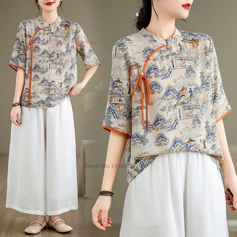 

2024 traditional chinese vintage folk blouse national flower print improved blouse oriental retro qipao tops stand collar blouse