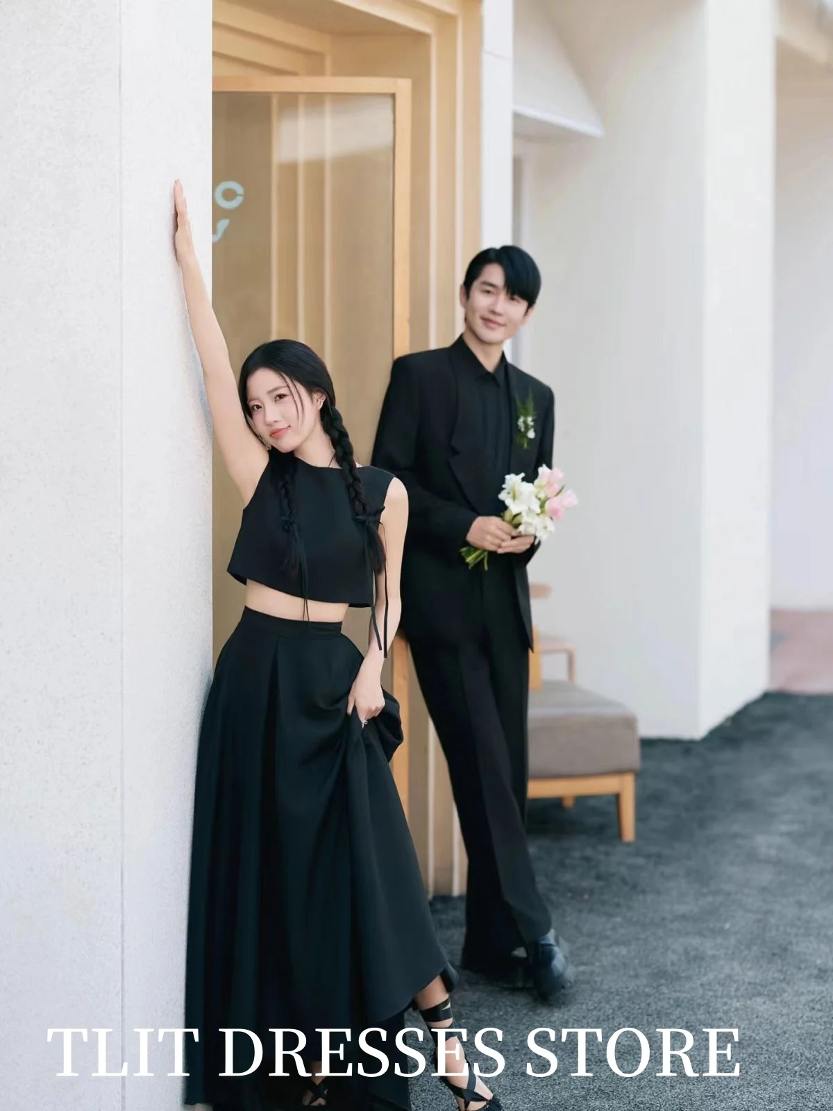 TLIT Simple Black Two-Piece Satin Evening Dress Korea Wedding Dress Photo Shoot Strapless Prom Gowns Customized HI-LO Gowns