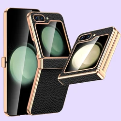 LANGSIDI Natural Leather Phone Case for Samsung Galaxy Z Flip6 Flip 7 6 5 Luxury Hinge Protection Cover with Tempered Glass