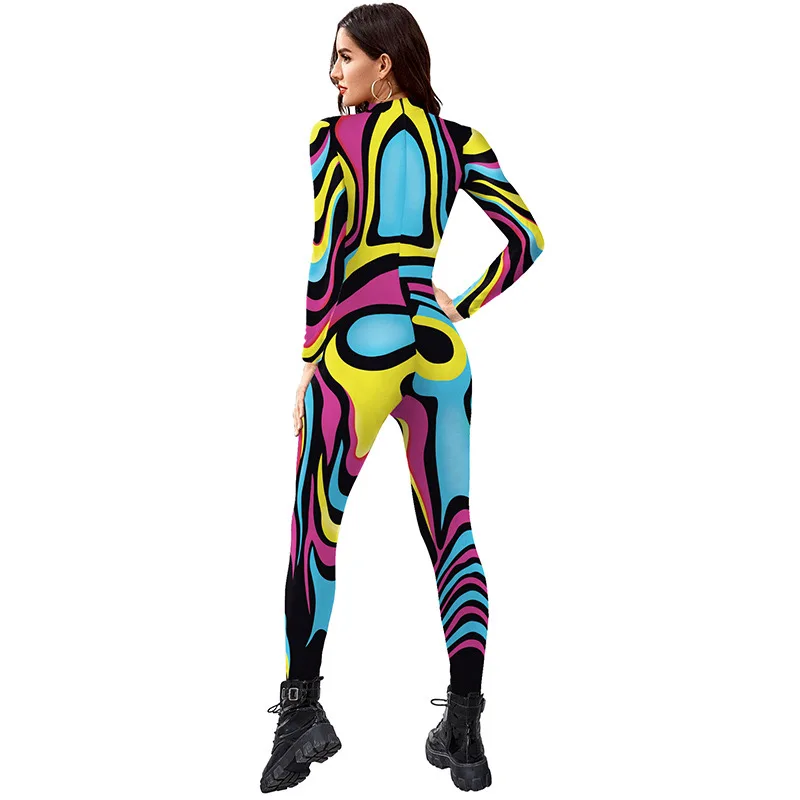 Multicolour Printing Holiday Party Women Jumpsuits New Fashion Sexy Jumpsuit Wear Cosplay Costume Catsuit Bodysuit