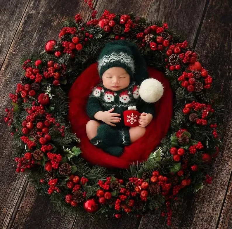 Baby Photoshoot Outfit Knitted Christmas Hat Newborn Photography Props Clothing