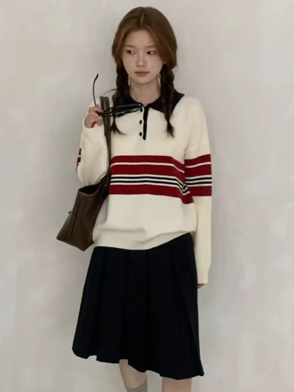 韓国 Sle 襟付きロング Sve ニットセーター レディース ルーズフィット 秋冬新作 Sle 細見えストライプトップ