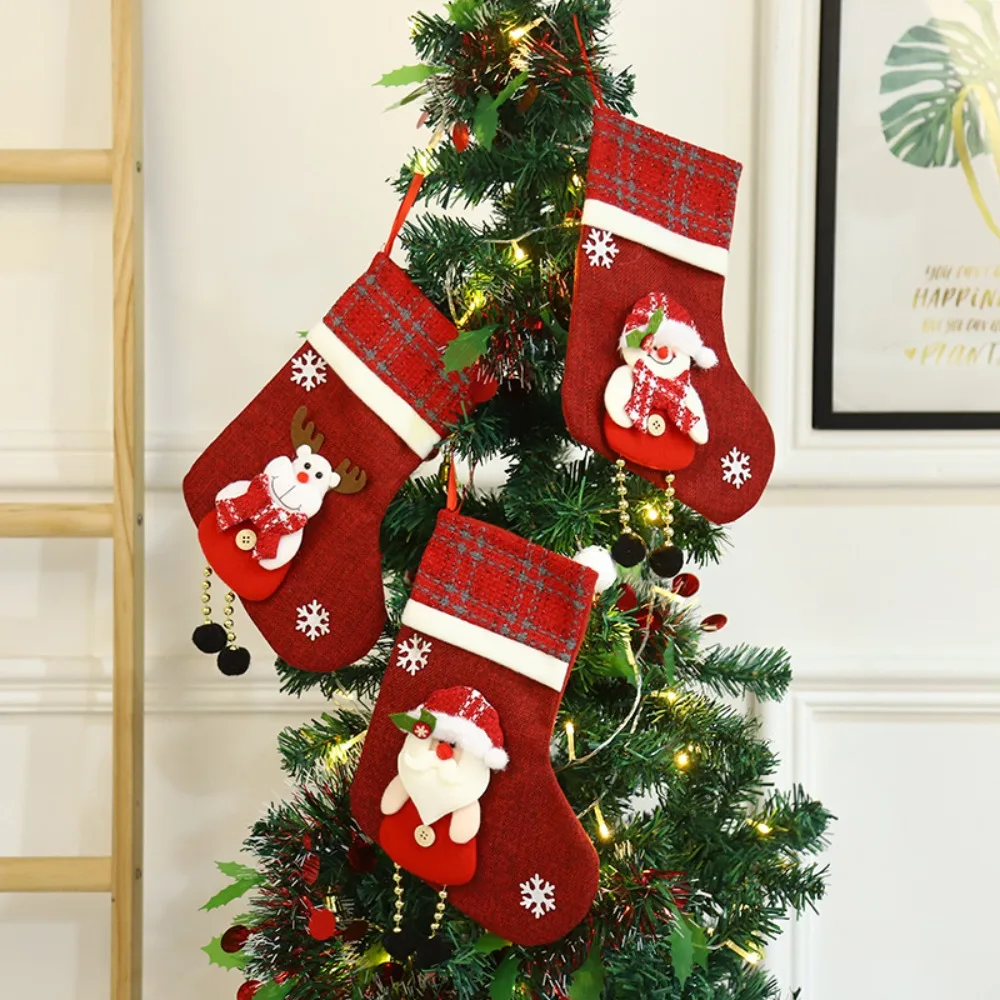 2Pcs Creative Hanging Christmas Socks Ornaments Snowman Elk Christmas Gift Bags Red Cartoon Xmas Tree Ornaments Party