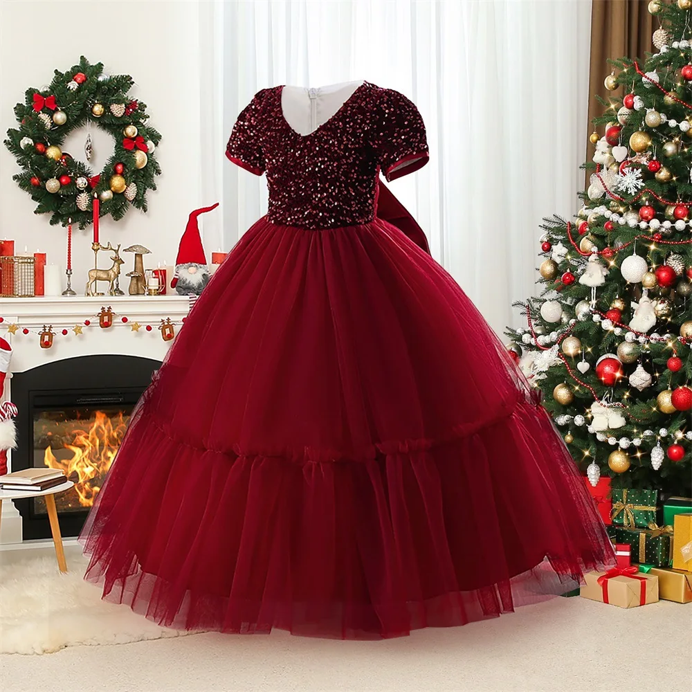 

New Year Dress For Girls Luxury Sequin Princess Dress Elegant Christmas Dress Girl White Wedding Bridesmaid First Communion Gown