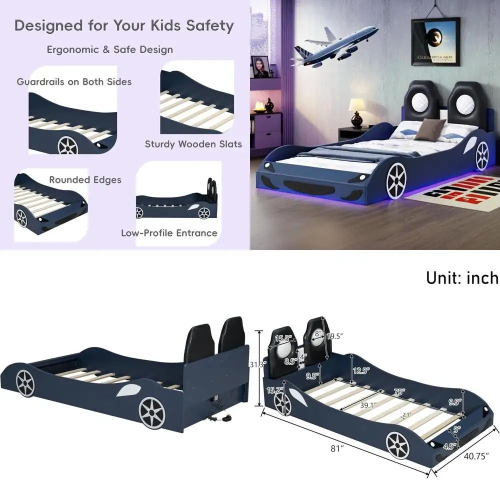 

Twin-Sized LED-Lit Upholstered Car Bed with Wheels, Guardrails, and Solid Wood for Kids - Blue