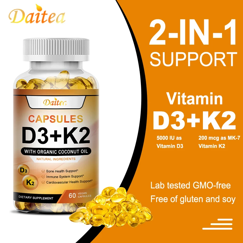 Premium Vitamin D3+K2 Capsules - Immunity, Strong Bones, Heart Health, Joint Health, Muscle - Promotes Calcium Absorption