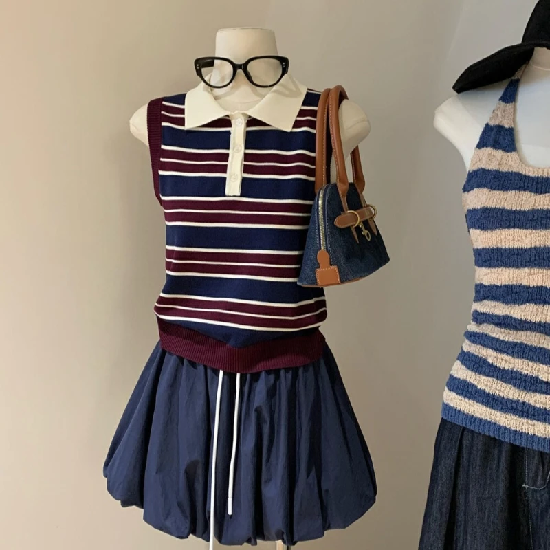

Vintage Spliced Turn Down Collar Constrast Color Striped Camisole Y2k Korean Lace Up Puffly Skirt Harajuku Women 2 Piece Sets