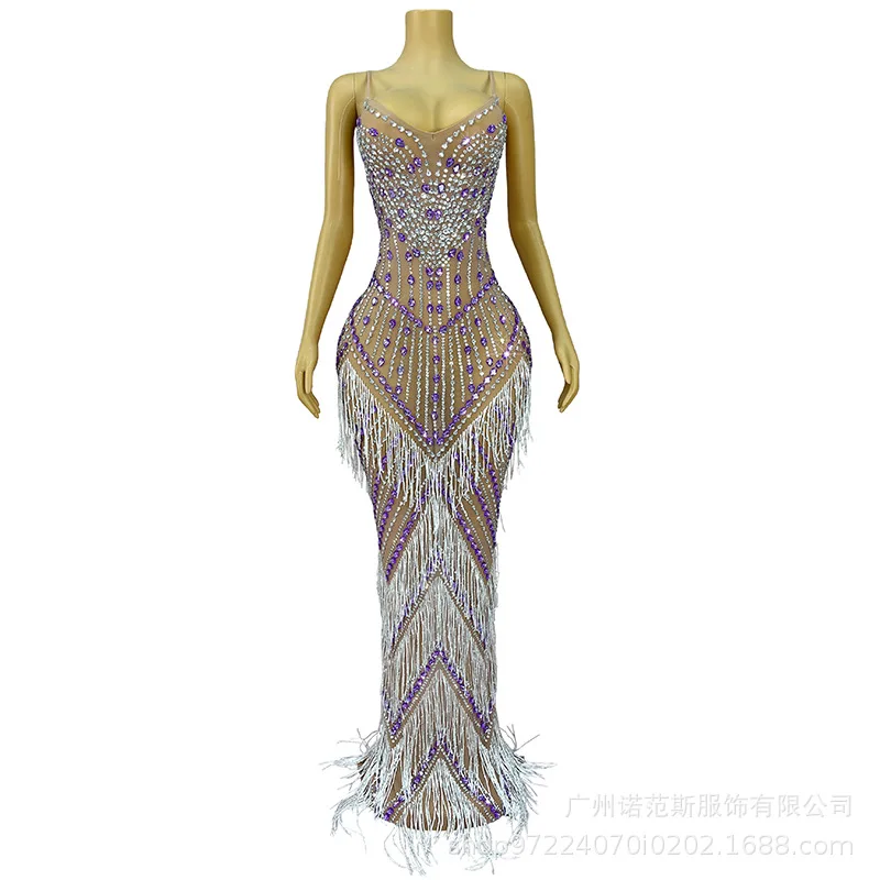 Sexy Suspender Low Cut Fringed Drape Dress Adult Model Catwalk Trendy Clothes Company Annual Meeting Evening Dress Show Costumes