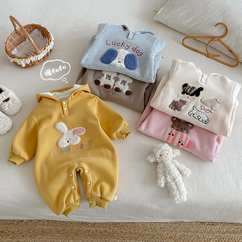 

0-2Y Winter Baby Romper Fleece Line Jumpsuit Fur Lining Sweet Bunny Embroidery Cute Newborn One Piece