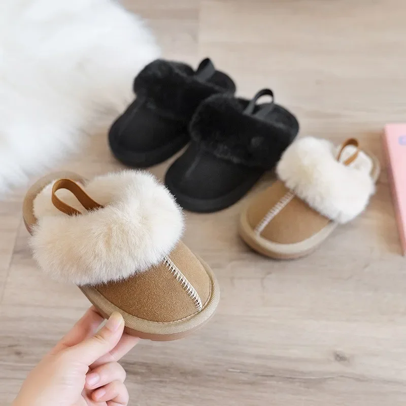 Children's Suede Plush Slippers 2026 Winter New Girls Elastic Band Cotton Shoes Simple Solid Color Boys Lazy Flats